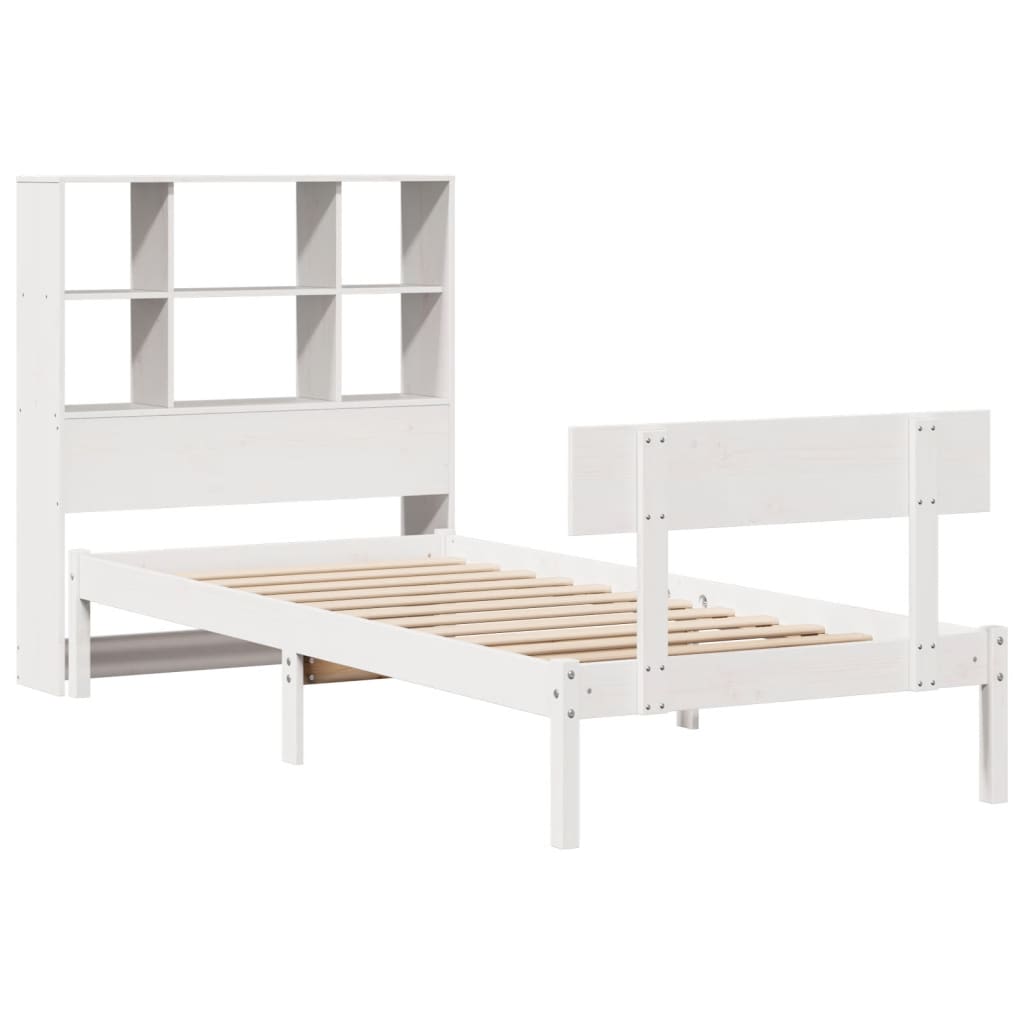Lit bibliothèque sans matelas blanc 90x190cm bois de pin massif - XIOS