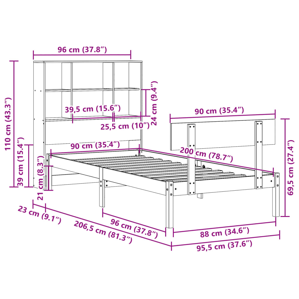 Lit bibliothèque sans matelas 90x200 cm bois de pin massif - XIOS