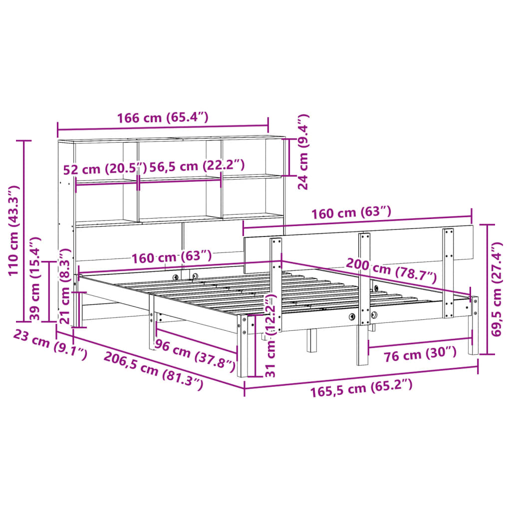 Lit bibliothèque sans matelas blanc 160x200 cm bois pin massif - XIOS
