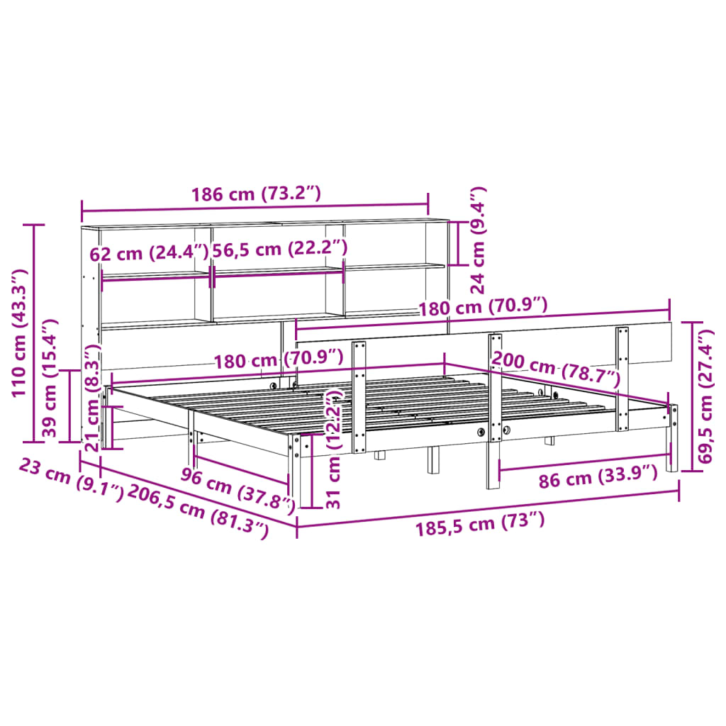 Lit bibliothèque sans matelas blanc 180x200 cm bois pin massif