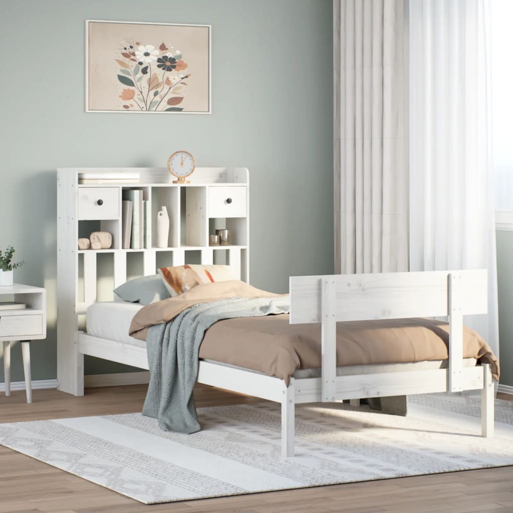 Lit bibliothèque sans matelas blanc 75x190cm bois de pin massif - XIOS