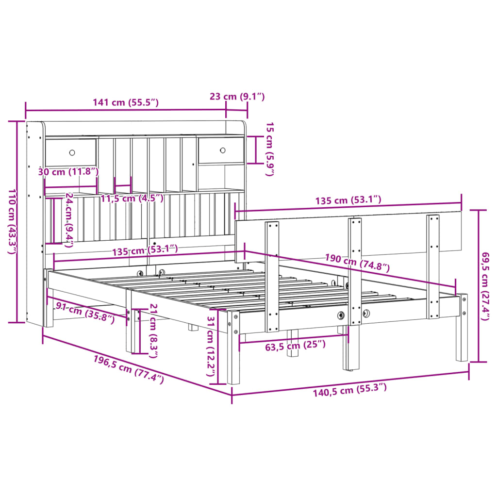 Lit bibliothèque sans matelas blanc 135x190 cm bois pin massif - XIOS