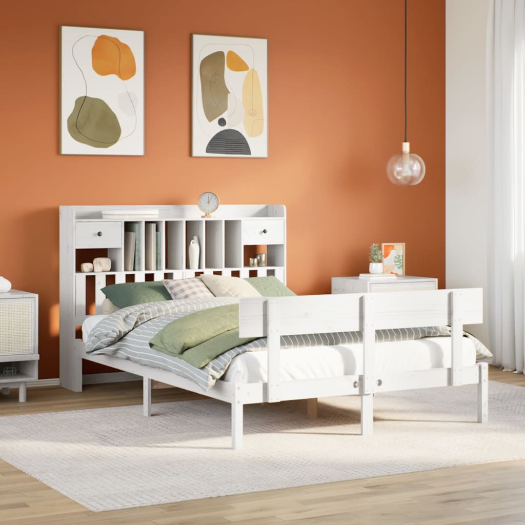 Lit bibliothèque sans matelas blanc 140x190 cm bois pin massif - XIOS