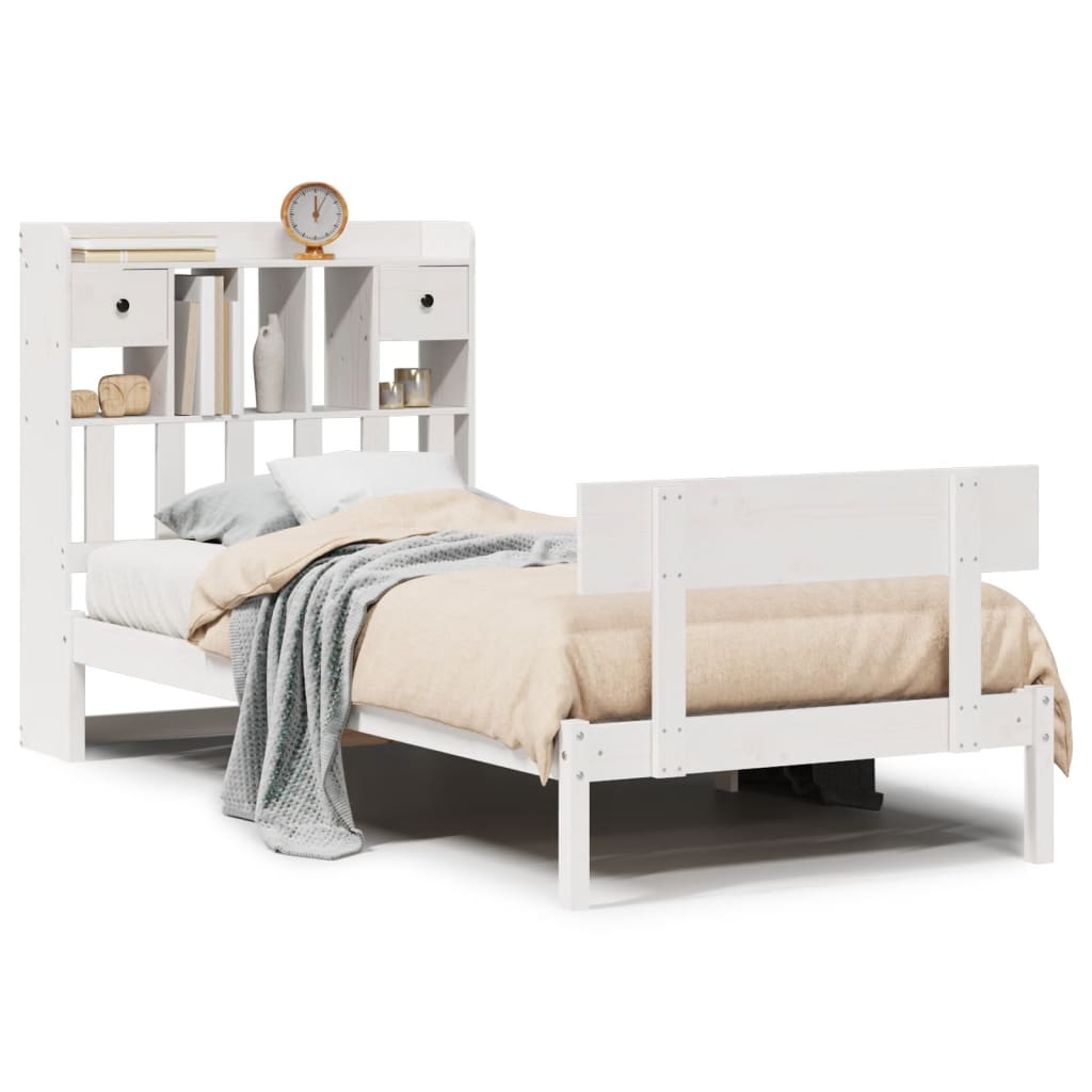Lit bibliothèque sans matelas blanc 90x200cm bois de pin massif - XIOS