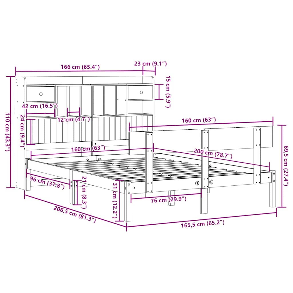 Lit bibliothèque sans matelas blanc 160x200 cm bois pin massif - XIOS
