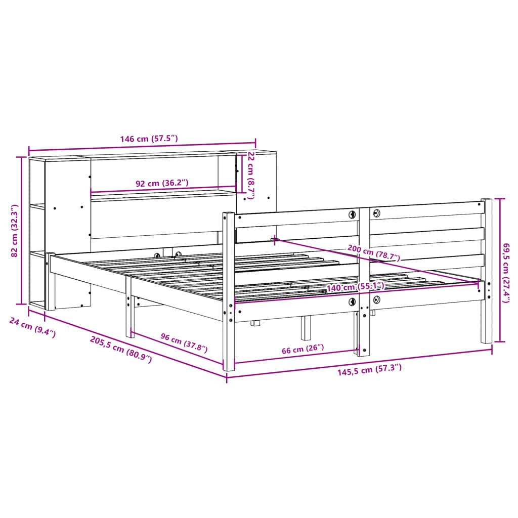Lit bibliothèque sans matelas blanc 140x200 cm bois pin massif