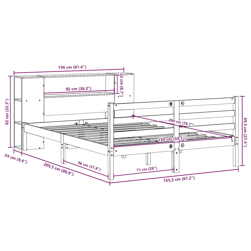 Lit bibliothèque sans matelas blanc 150x200 cm bois pin massif