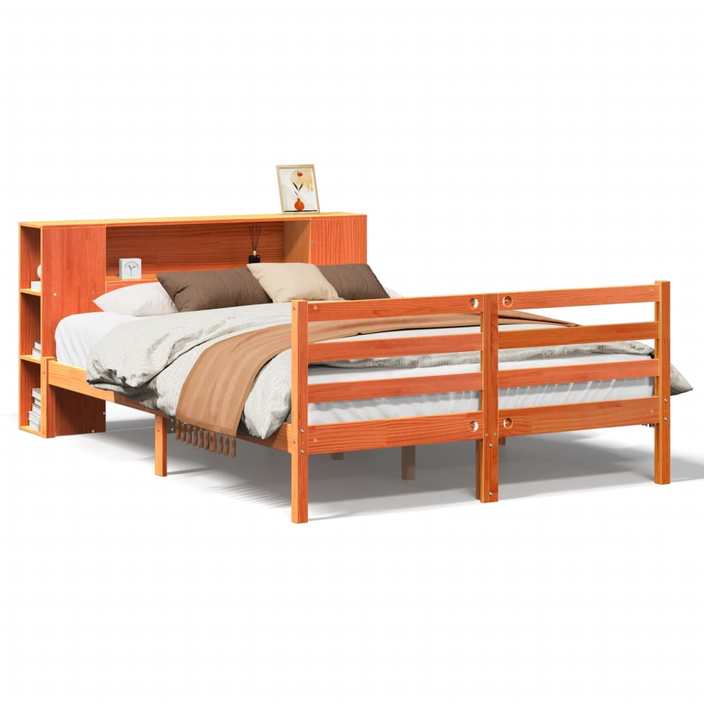 Lit bibliothèque sans matelas cire marron 135x190 cm pin massif
