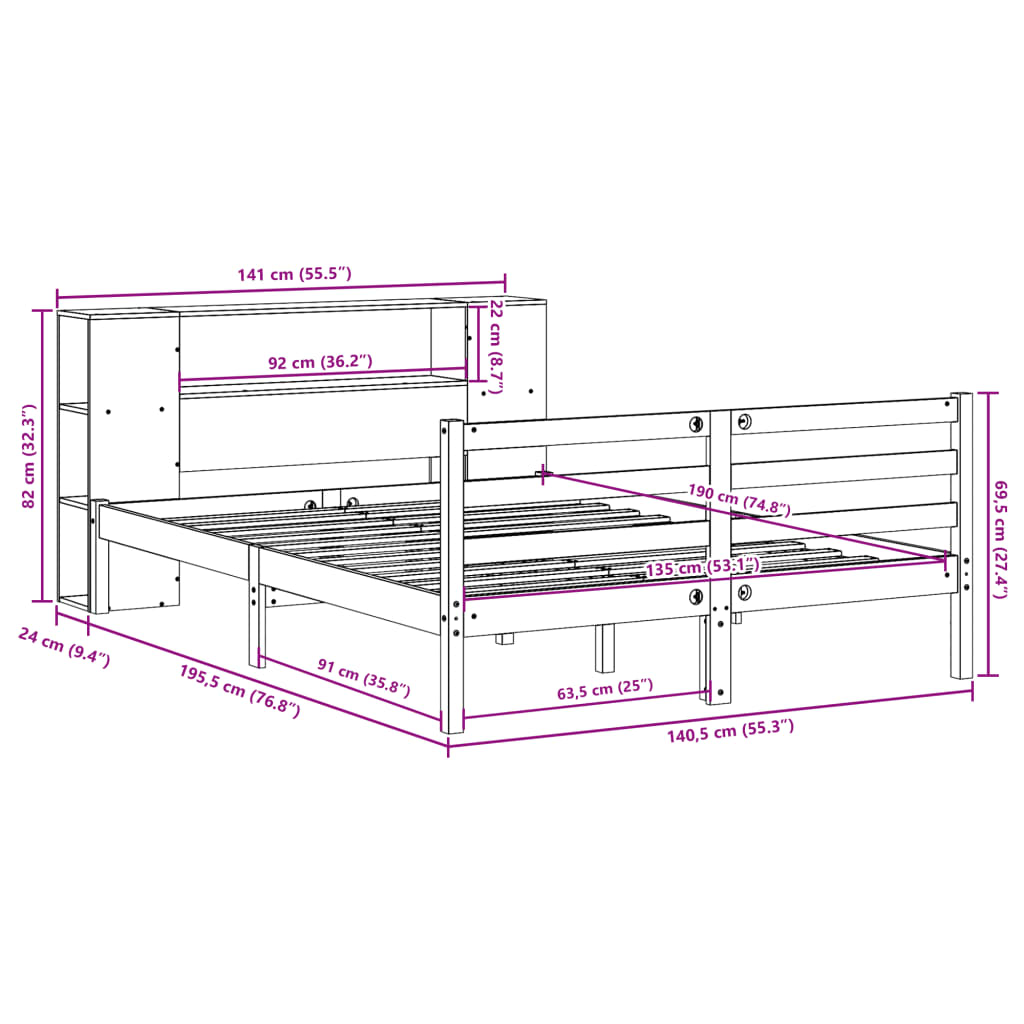 Lit bibliothèque sans matelas cire marron 135x190 cm pin massif