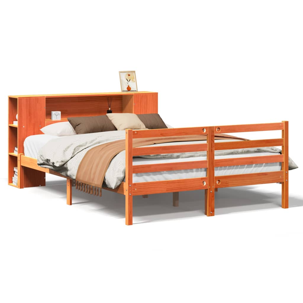 Lit bibliothèque sans matelas cire marron 140x200 cm pin massif