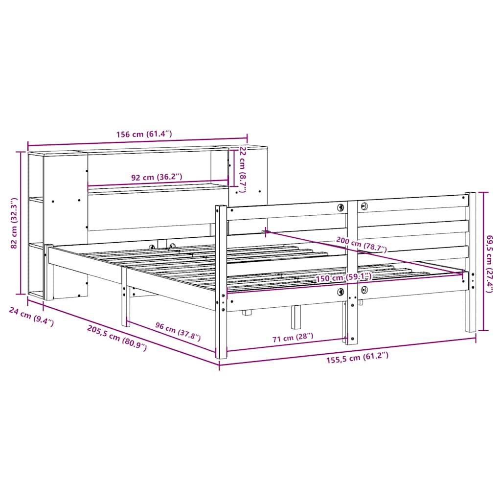 Lit bibliothèque sans matelas cire marron 150x200 cm pin massif - XIOS