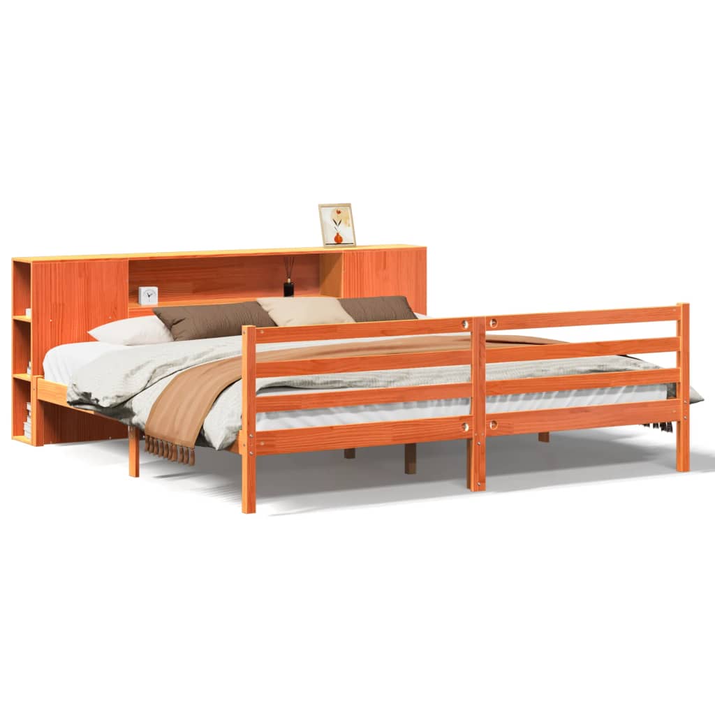 Lit bibliothèque sans matelas cire marron 200x200 cm pin massif - XIOS