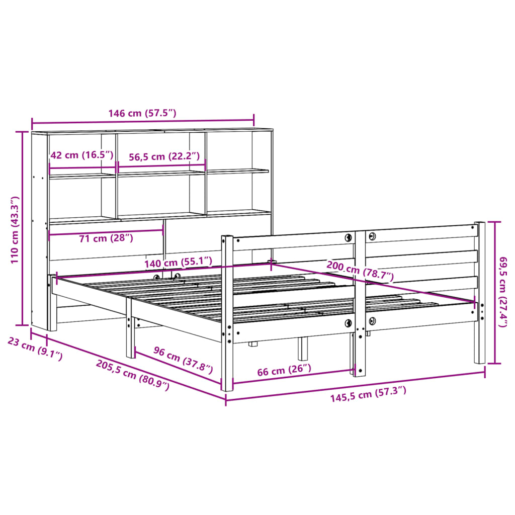 Lit bibliothèque sans matelas cire marron 140x200cm bois massif