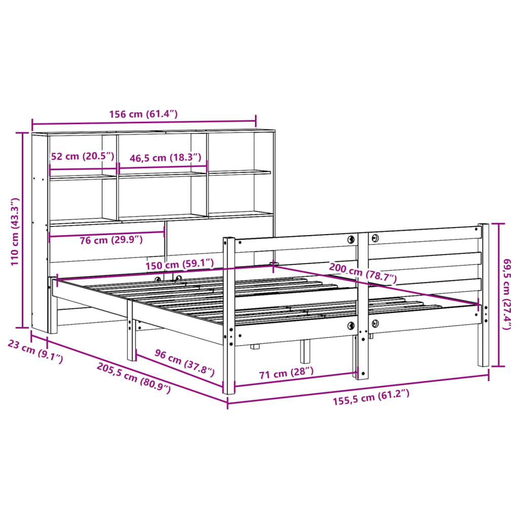 Lit bibliothèque sans matelas cire marron 150x200cm bois massif - XIOS