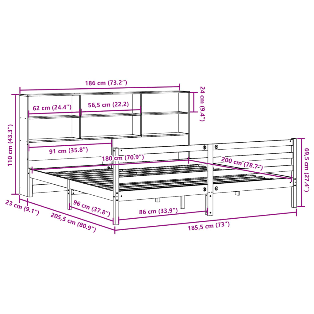 Lit bibliothèque sans matelas cire marron 180x200cm bois massif