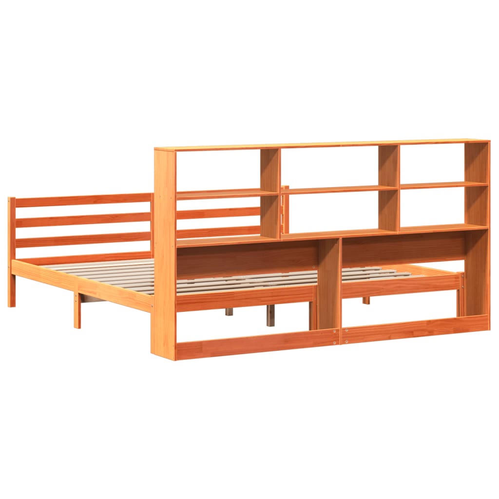 Lit bibliothèque sans matelas cire marron 200x200cm bois massif - XIOS