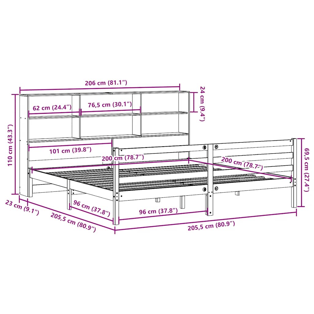 Lit bibliothèque sans matelas cire marron 200x200cm bois massif - XIOS