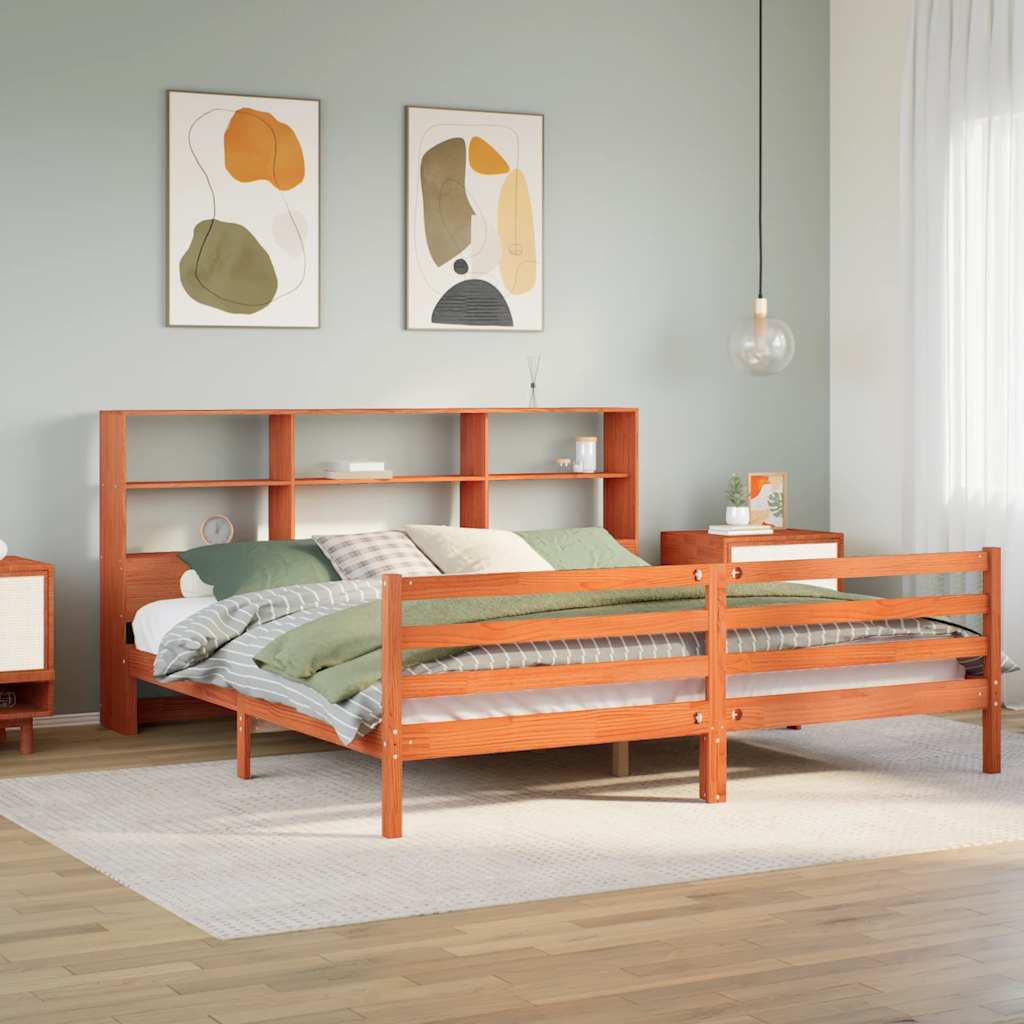 Lit bibliothèque sans matelas cire marron 200x200cm bois massif