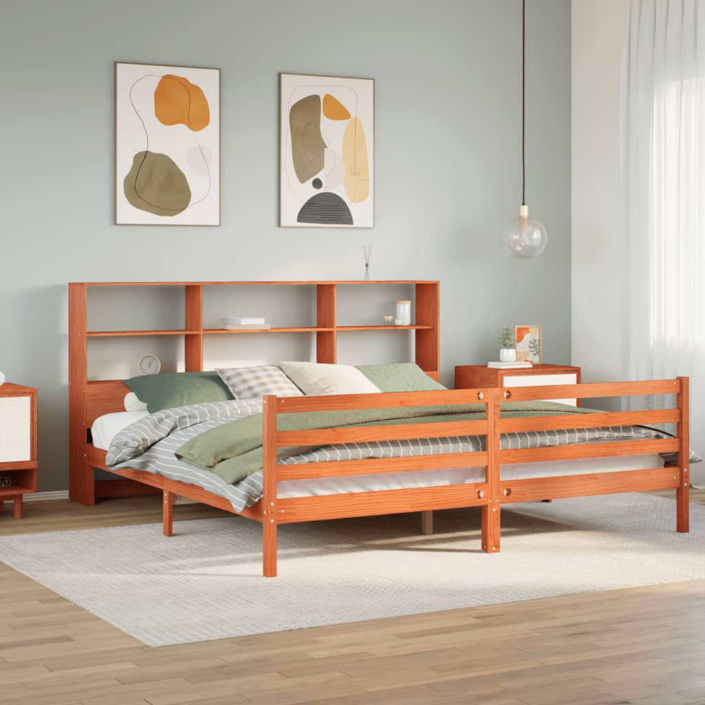 Lit bibliothèque sans matelas cire marron 200x200cm bois massif - XIOS