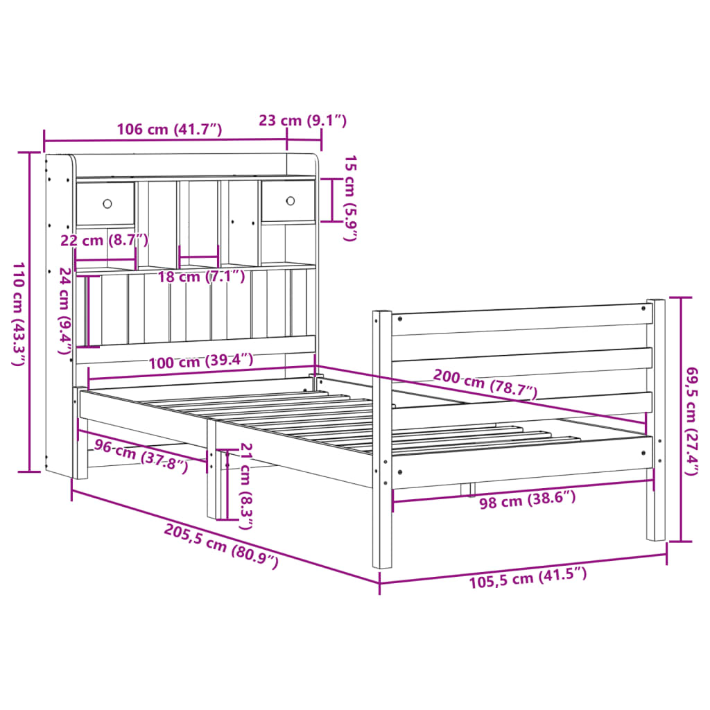 Lit bibliothèque sans matelas 100x200 cm bois massif de pin - XIOS