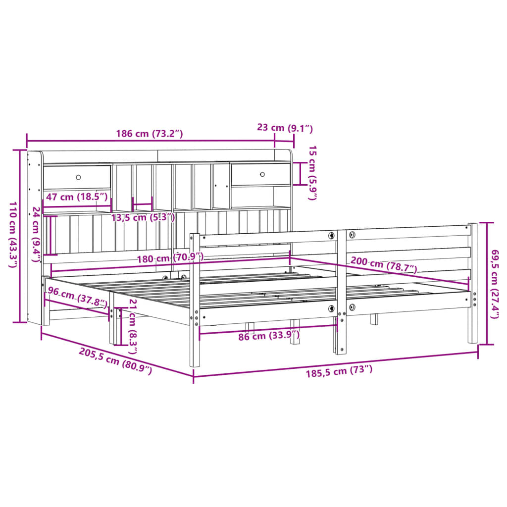 Lit bibliothèque sans matelas 180x200 cm bois massif de pin