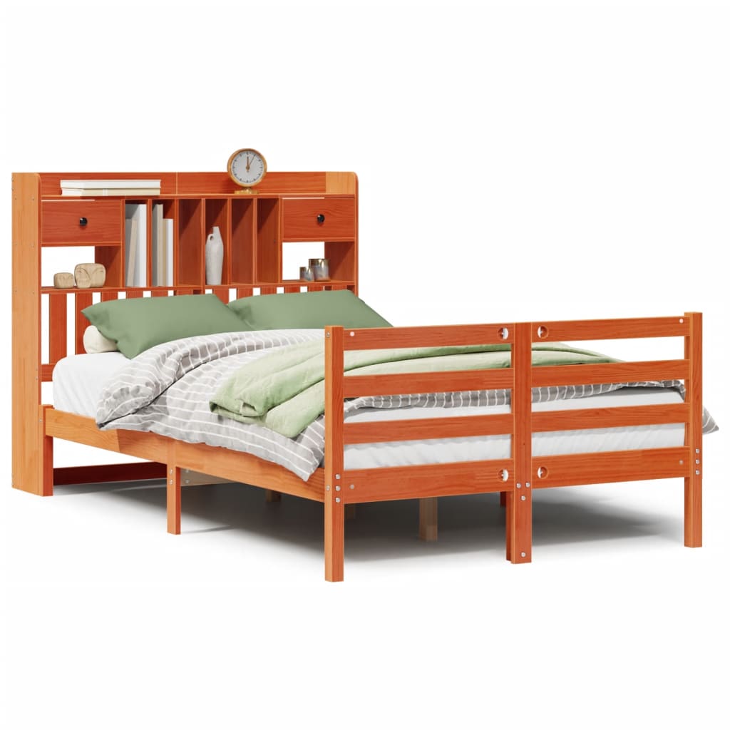 Lit bibliothèque sans matelas cire marron 135x190 cm pin massif