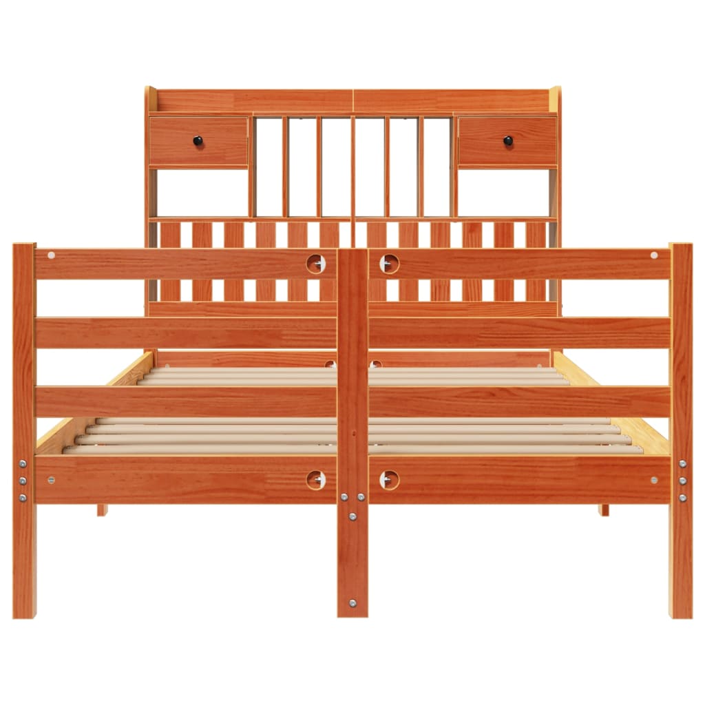 Lit bibliothèque sans matelas cire marron 135x190 cm pin massif