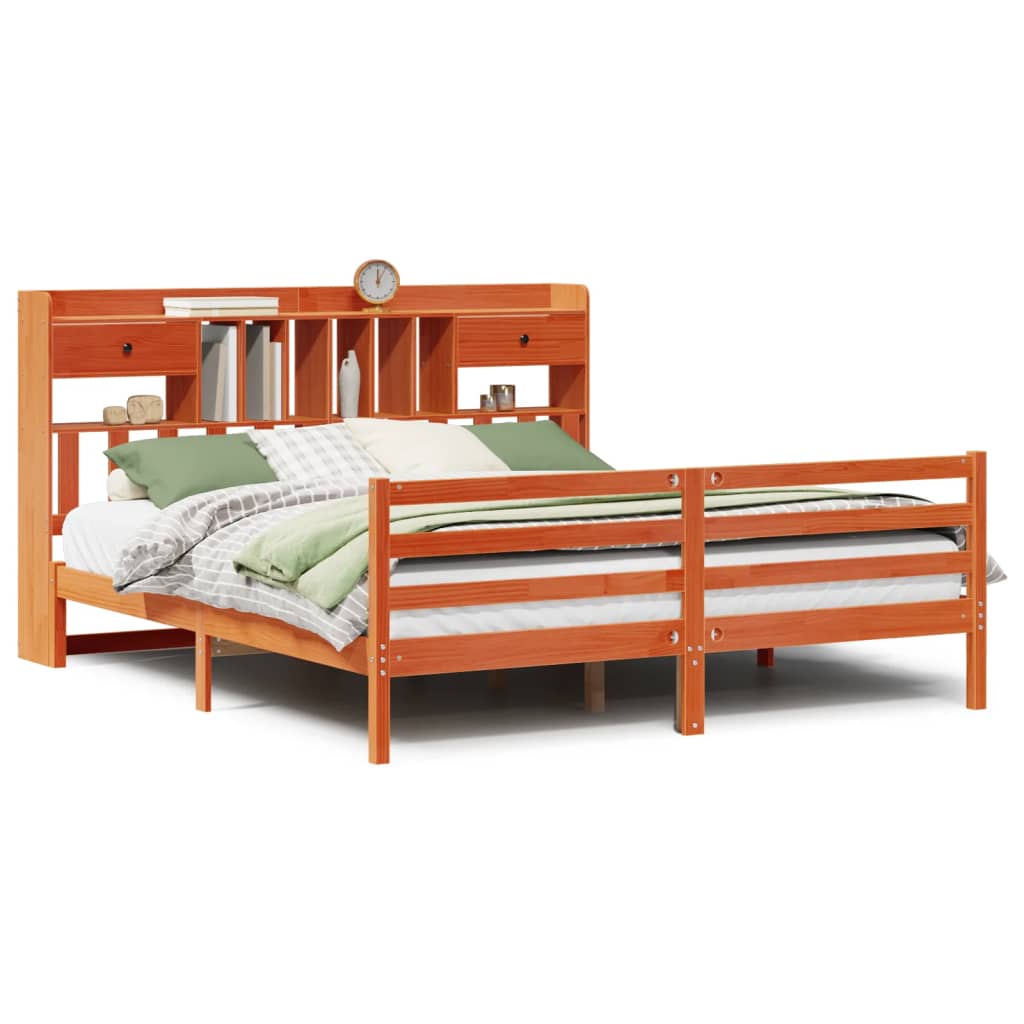 Lit bibliothèque sans matelas cire marron 180x200 cm pin massif - XIOS
