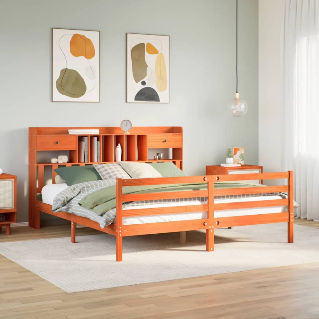 Lit bibliothèque sans matelas cire marron 180x200 cm pin massif - XIOS