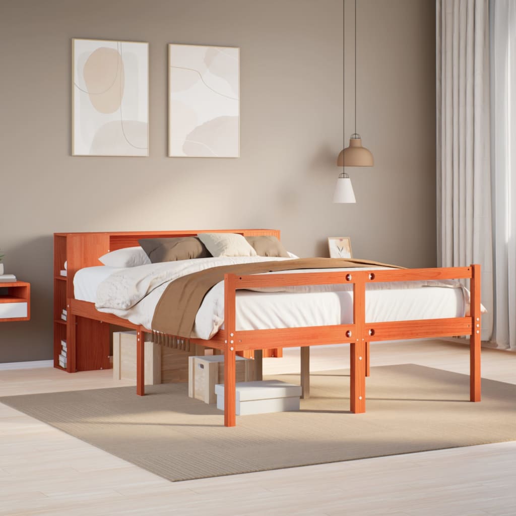 Lit bibliothèque sans matelas cire marron 135x190cm bois massif - XIOS