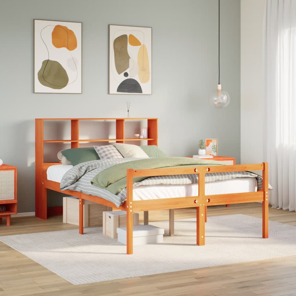 Lit bibliothèque sans matelas cire marron 120x190cm bois massif - XIOS