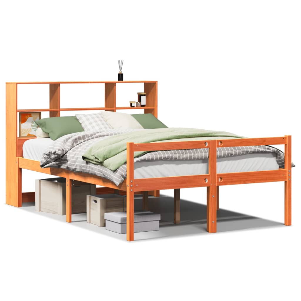 Lit bibliothèque sans matelas cire marron 135x190cm bois massif - XIOS