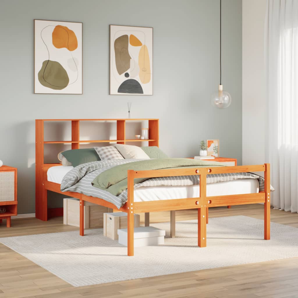 Lit bibliothèque sans matelas cire marron 140x190cm bois massif - XIOS