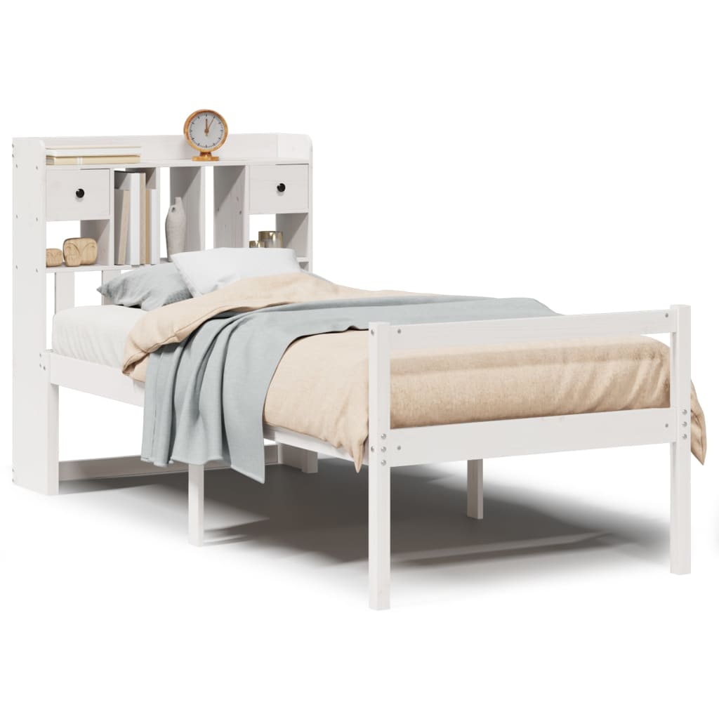 Lit bibliothèque sans matelas blanc 90x190cm bois de pin massif - XIOS