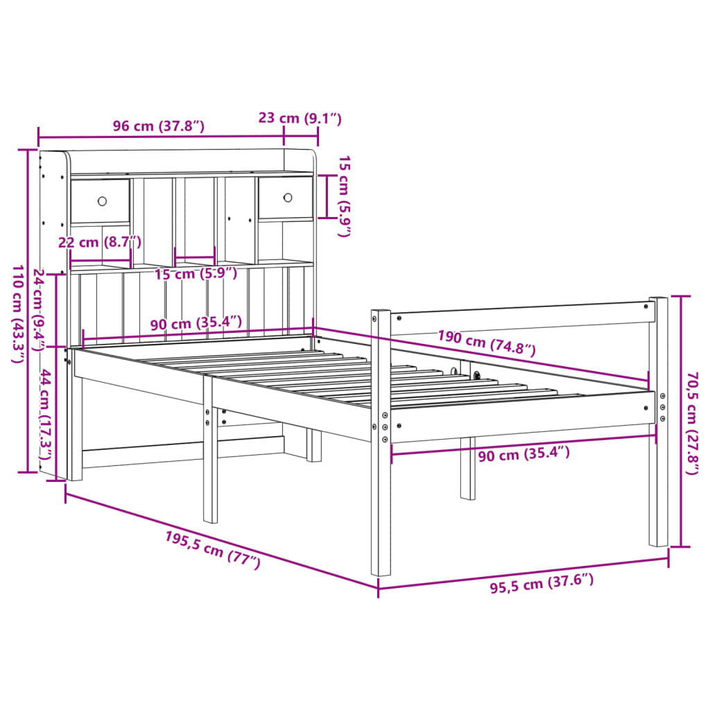 Lit bibliothèque sans matelas blanc 90x190cm bois de pin massif - XIOS