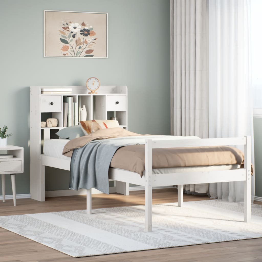 Lit bibliothèque sans matelas blanc 90x190cm bois de pin massif - XIOS