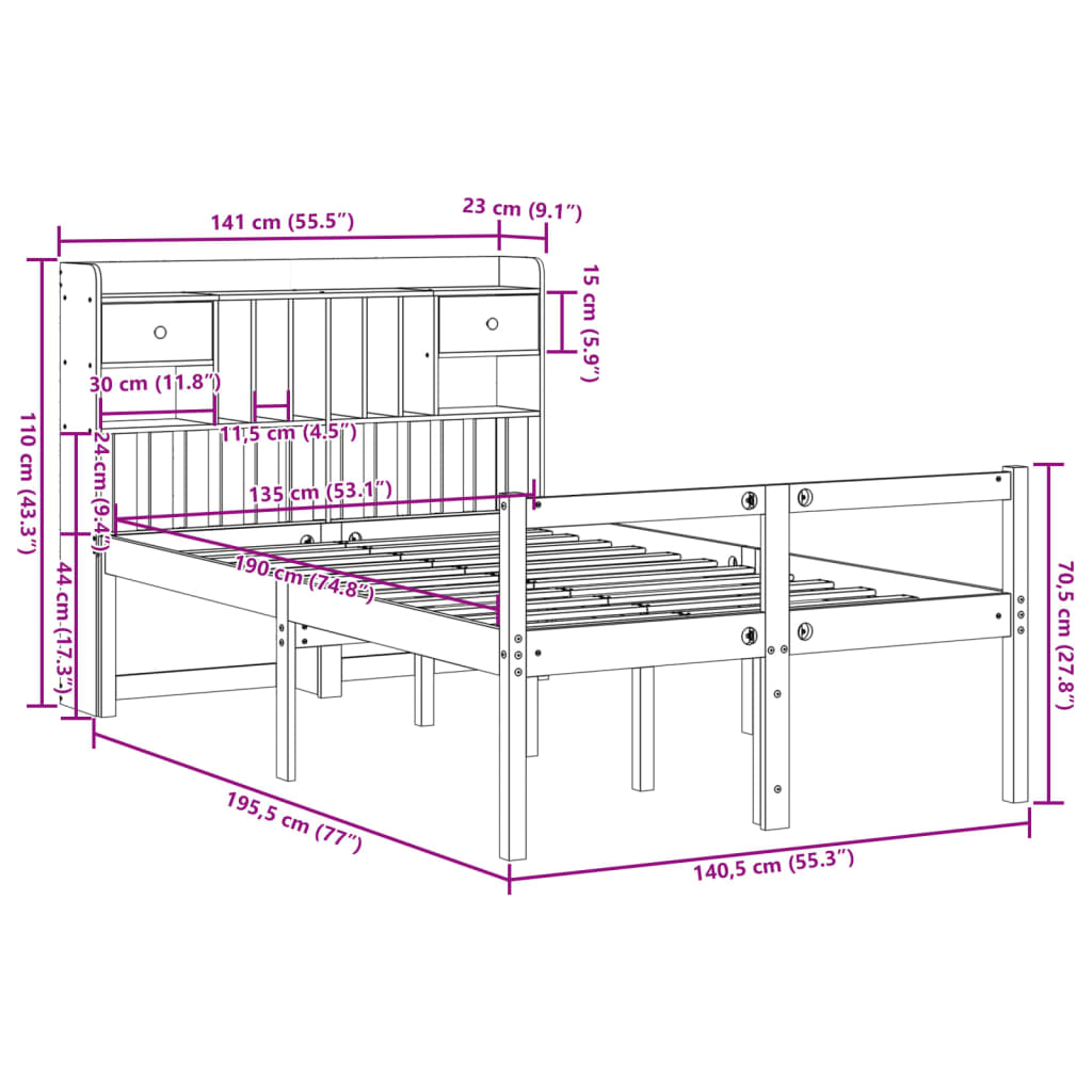 Lit bibliothèque sans matelas 135x190 cm bois de pin massif - XIOS