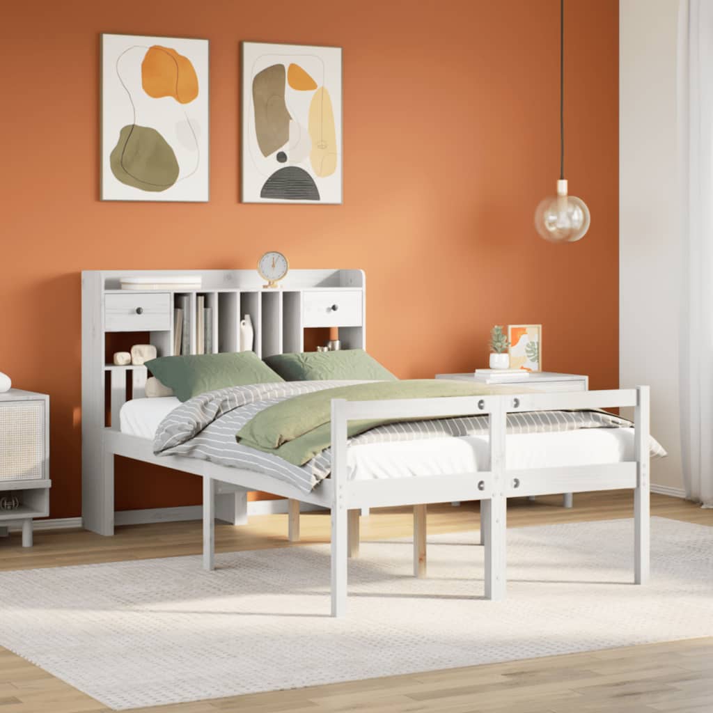 Lit bibliothèque sans matelas blanc 135x190 cm bois pin massif - XIOS