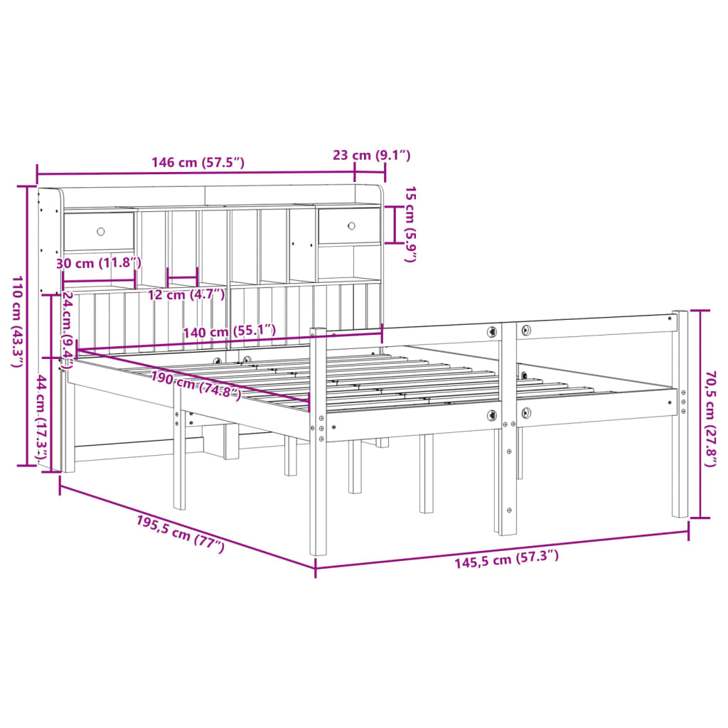 Lit bibliothèque sans matelas blanc 140x190 cm bois pin massif - XIOS