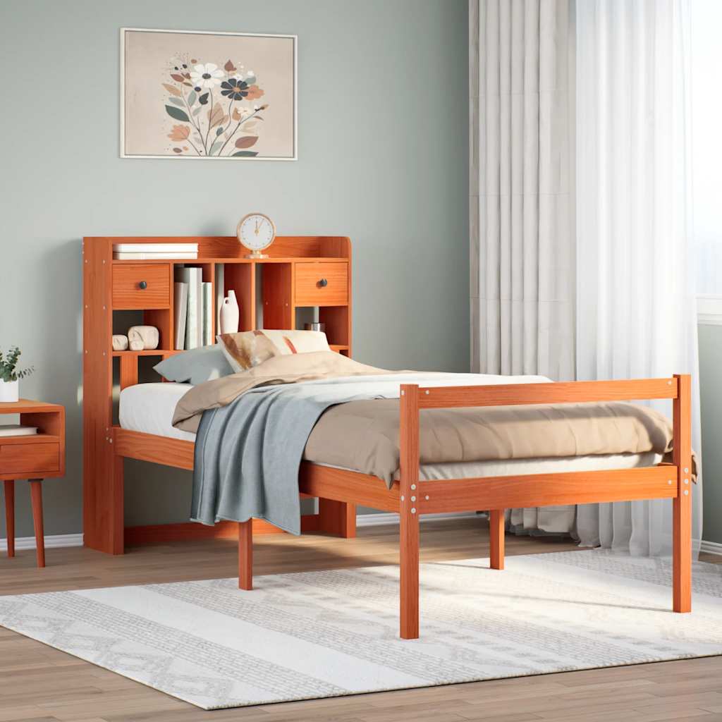 Lit bibliothèque sans matelas cire marron 75x190 cm pin massif - XIOS