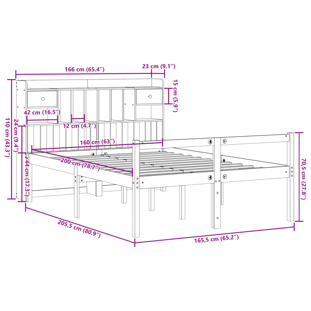 Lit bibliothèque sans matelas cire marron 160x200 cm pin massif - XIOS