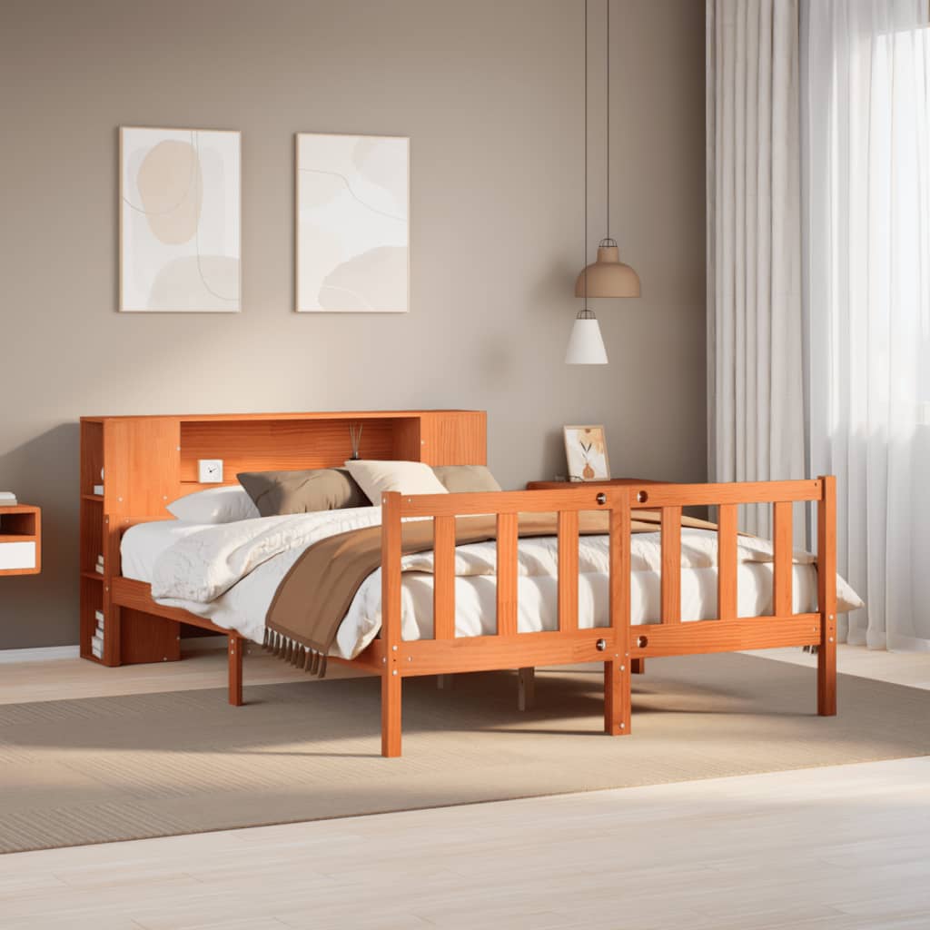 Lit bibliothèque sans matelas cire marron 150x200cm bois massif - XIOS