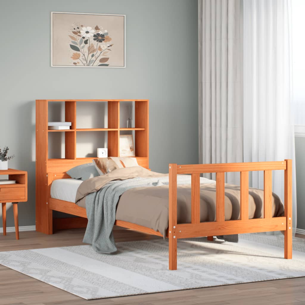 Lit bibliothèque sans matelas cire marron 75x190 cm bois massif - XIOS