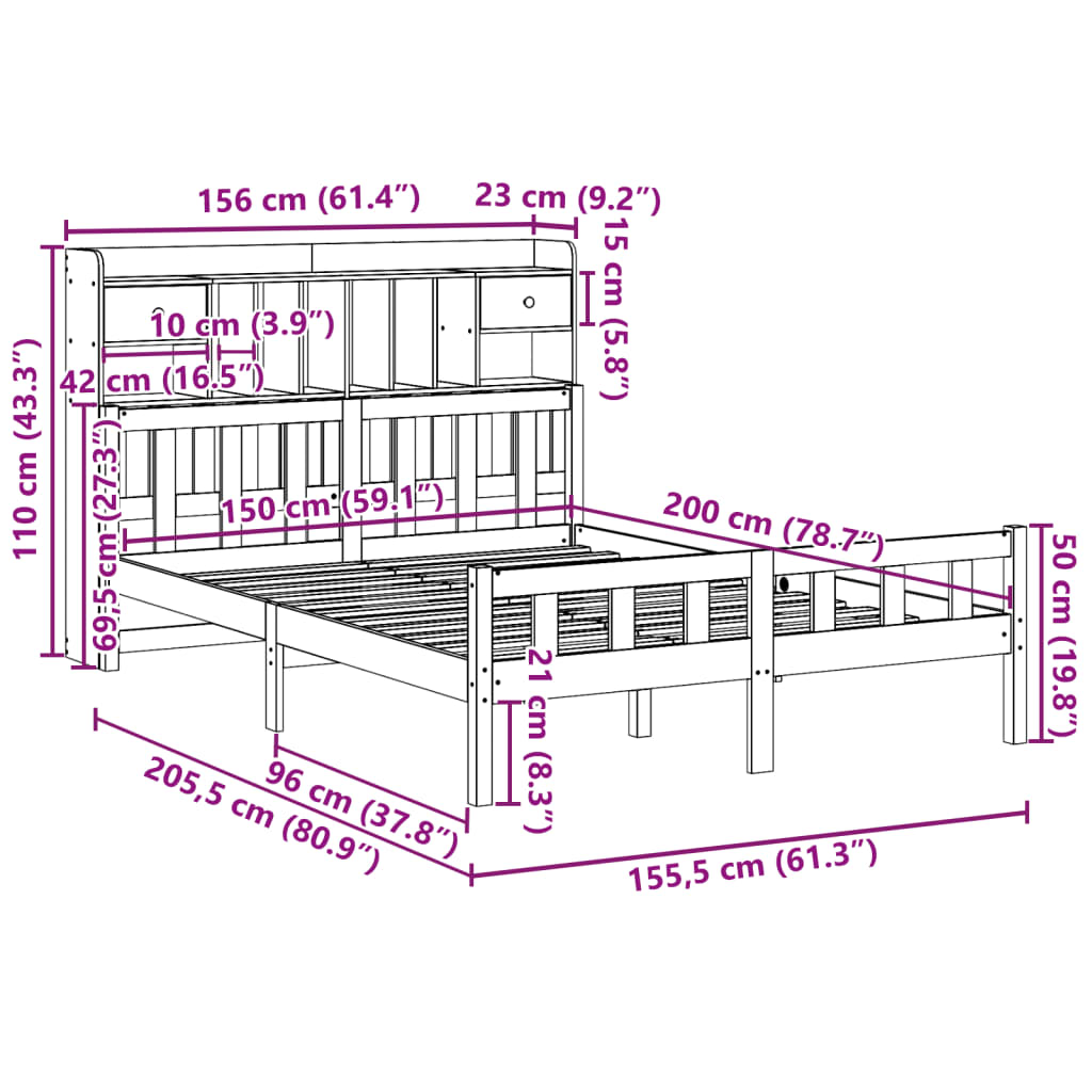 Lit bibliothèque sans matelas blanc 150x200 cm bois pin massif - XIOS