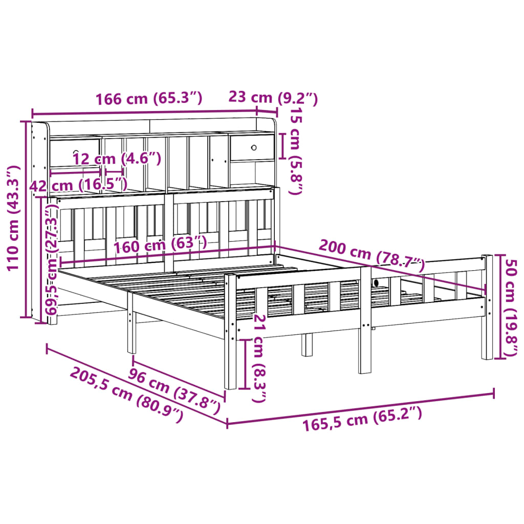 Lit bibliothèque sans matelas blanc 160x200 cm bois pin massif - XIOS