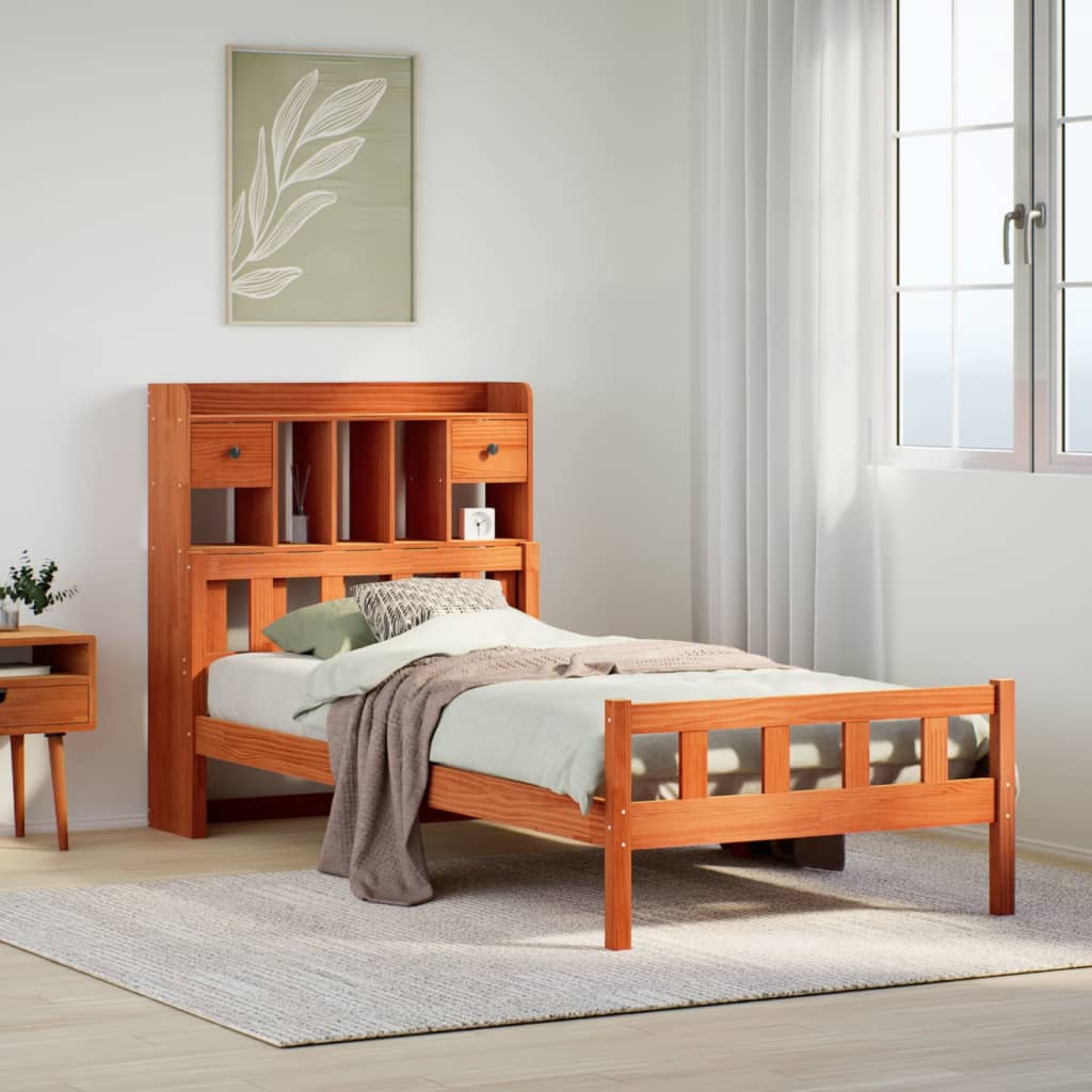 Lit bibliothèque sans matelas cire marron 75x190 cm pin massif - XIOS