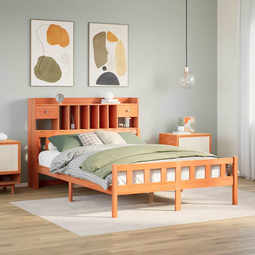 Lit bibliothèque sans matelas cire marron 150x200 cm pin massif - XIOS