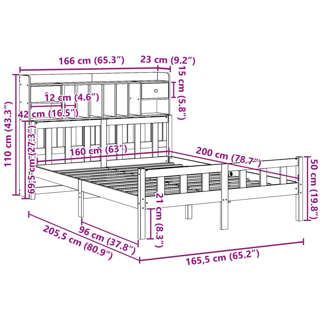 Lit bibliothèque sans matelas cire marron 160x200 cm pin massif - XIOS