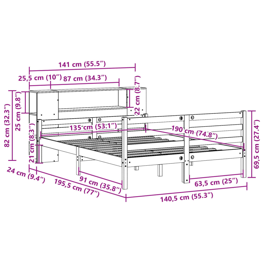 Lit bibliothèque sans matelas 135x190 cm bois de pin massif - XIOS