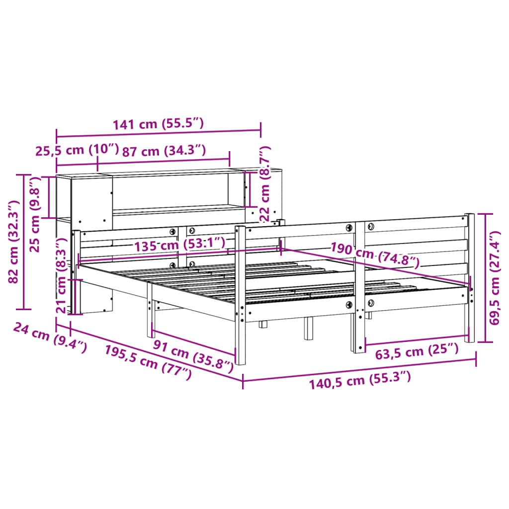 Lit bibliothèque sans matelas blanc 135x190 cm bois pin massif - XIOS